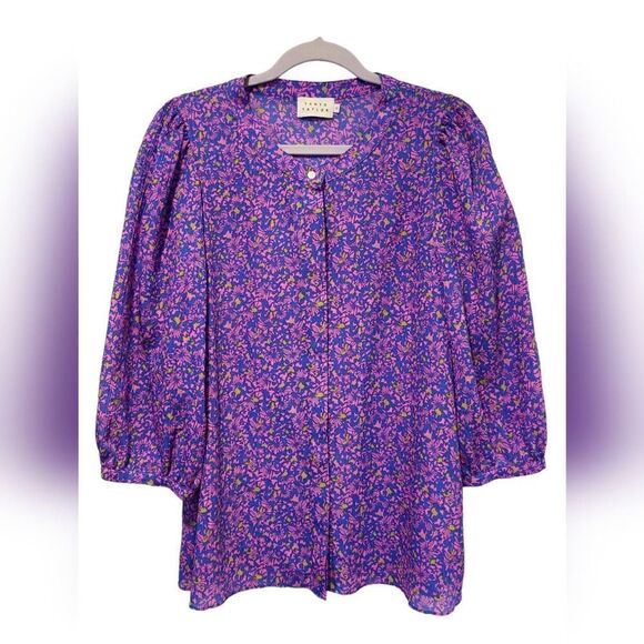 Tanya Taylor Fuchsia Floral Printed 100٪ Silk Hidden Button Front Blouse | 10 - Picture 2 of 12